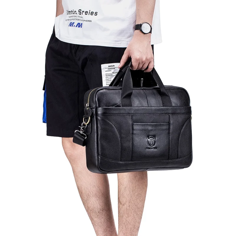 BULLCAPTAIN 048 Top-Layer Cowhide Leather Laptop Handbag Shoulder Bag Business Briefcase Messenger Tote Bag - Black