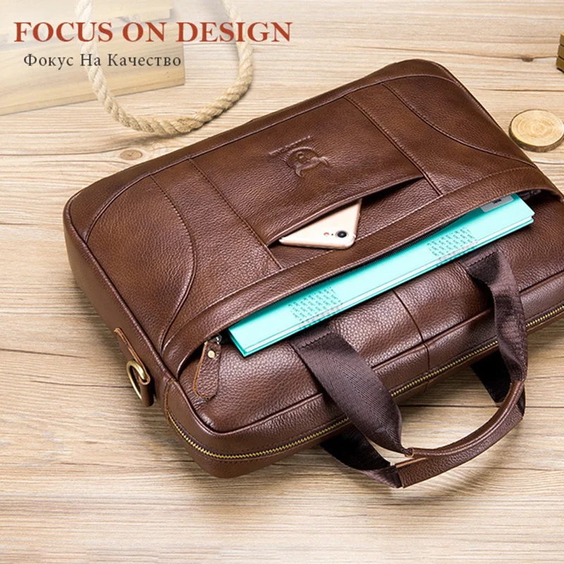 BULLCAPTAIN 048 Top-Layer Cowhide Leather Laptop Handbag Shoulder Bag Business Briefcase Messenger Tote Bag - Black