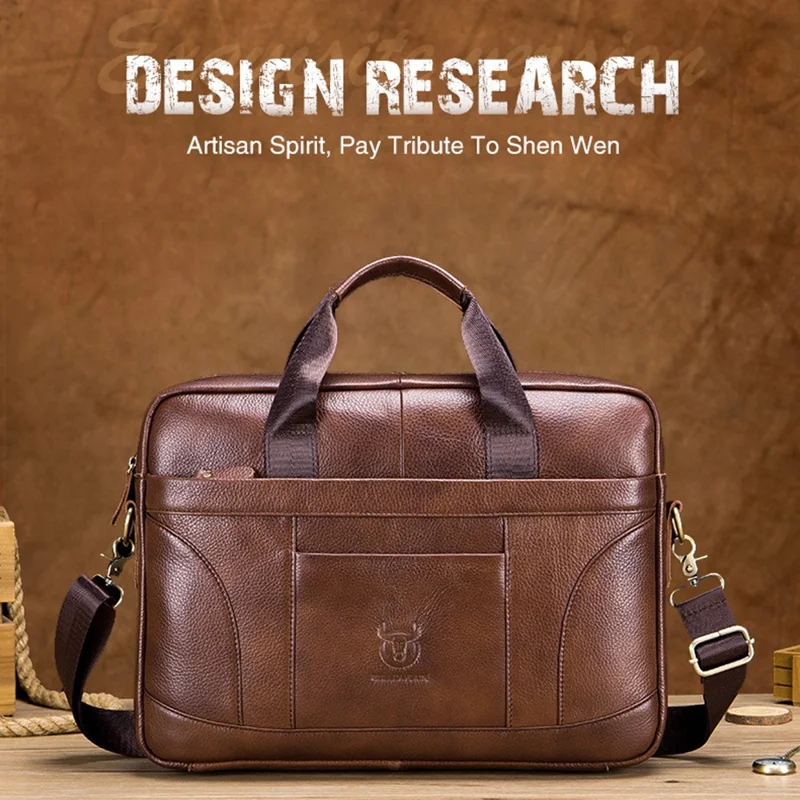 BULLCAPTAIN 048 Top-Layer Cowhide Leather Laptop Handbag Shoulder Bag Business Briefcase Messenger Tote Bag - Black