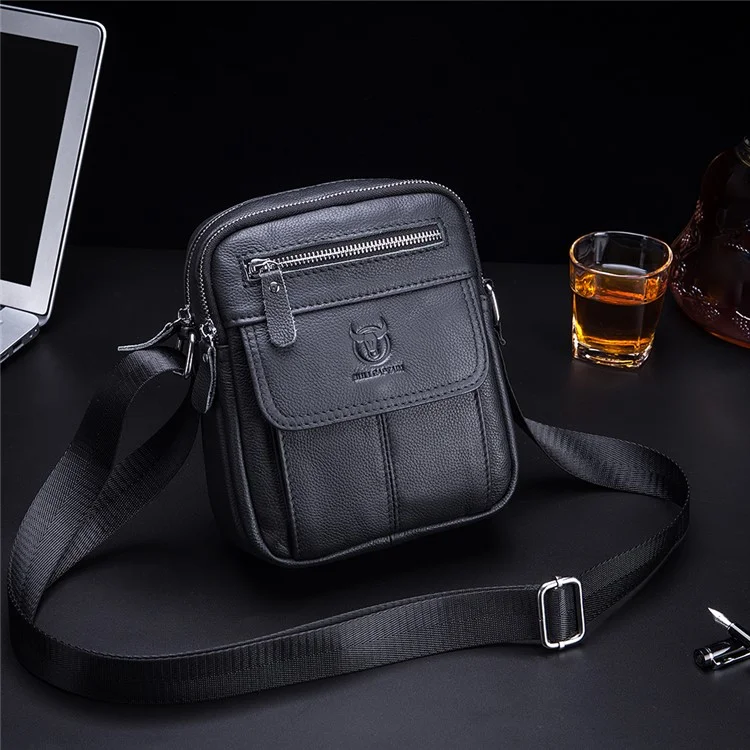 BULLCAPTAIN 016 Crossbody Bag Shoulder Bag Top-Layer Cowhide Leather Travel Business Shopping Carrying Bag - Black