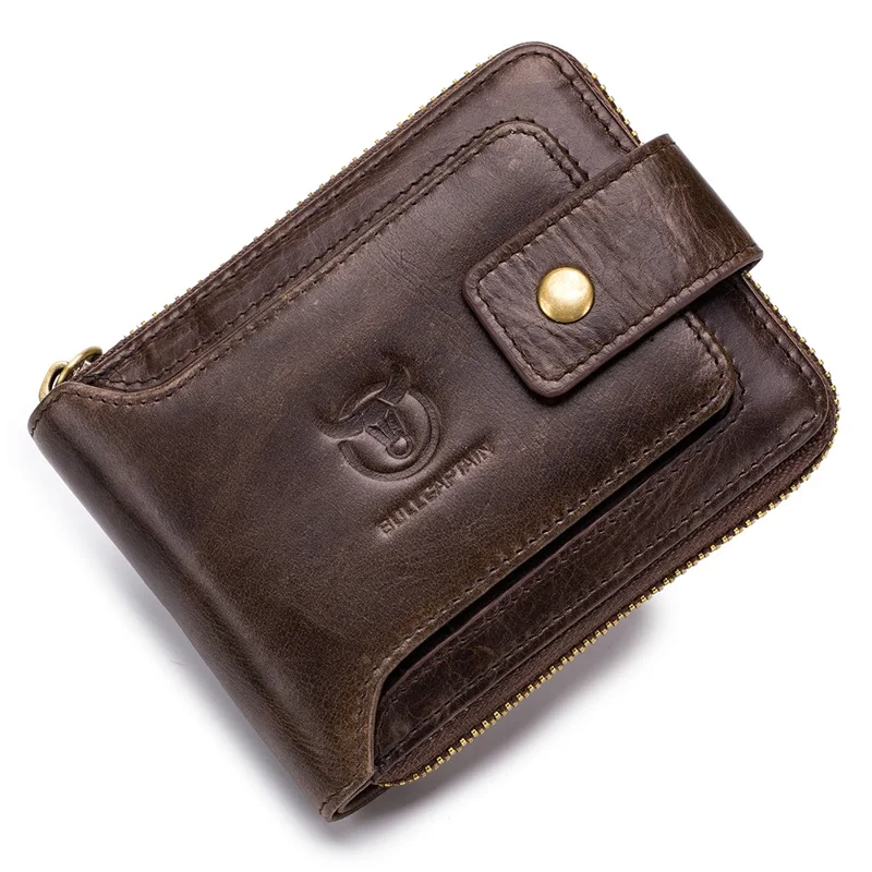 BULLCAPTAIN 231 Reißverschluss-Geldbörse RFID-blockierende Oberschichten-Rindsleder-Kartentasche mit Münzfach - Kaffee