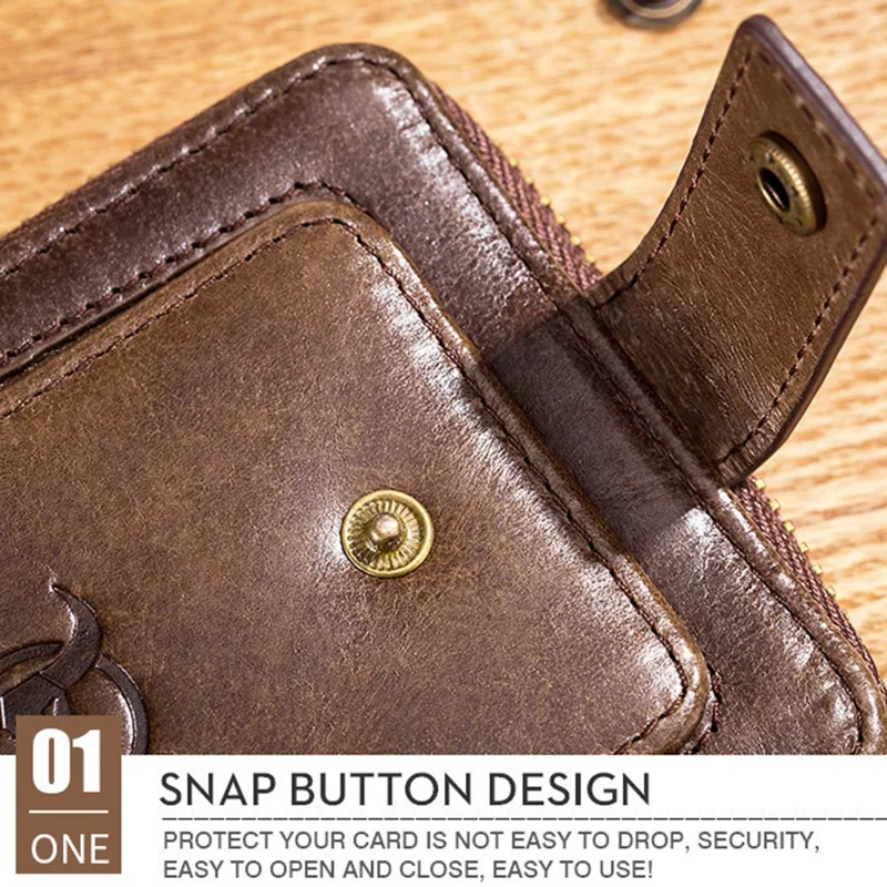 BULLCAPTAIN 231 Reißverschluss-Geldbörse RFID-blockierende Oberschichten-Rindsleder-Kartentasche mit Münzfach - Kaffee