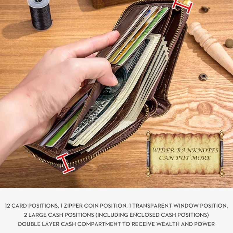 BULLCAPTAIN 231 Reißverschluss-Geldbörse RFID-blockierende Oberschichten-Rindsleder-Kartentasche mit Münzfach - Kaffee