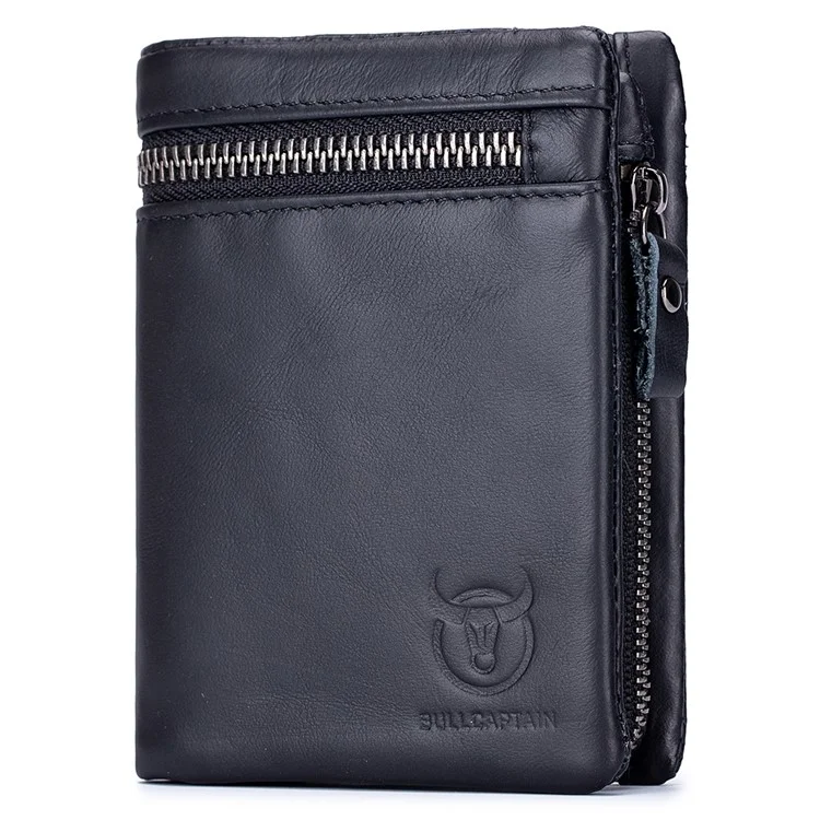 BULLCAPTAIN 03 Top-Layer Cowhide Leather Wallet Folding Design Multiple Card Slots Pouch Coin Bag - Black