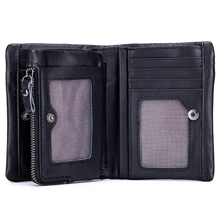 BULLCAPTAIN 03 Top-Layer Cowhide Leather Wallet Folding Design Multiple Card Slots Pouch Coin Bag - Black