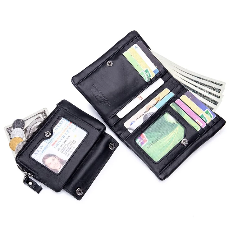 BULLCAPTAIN 03 Top-Layer Cowhide Leather Wallet Folding Design Multiple Card Slots Pouch Coin Bag - Black