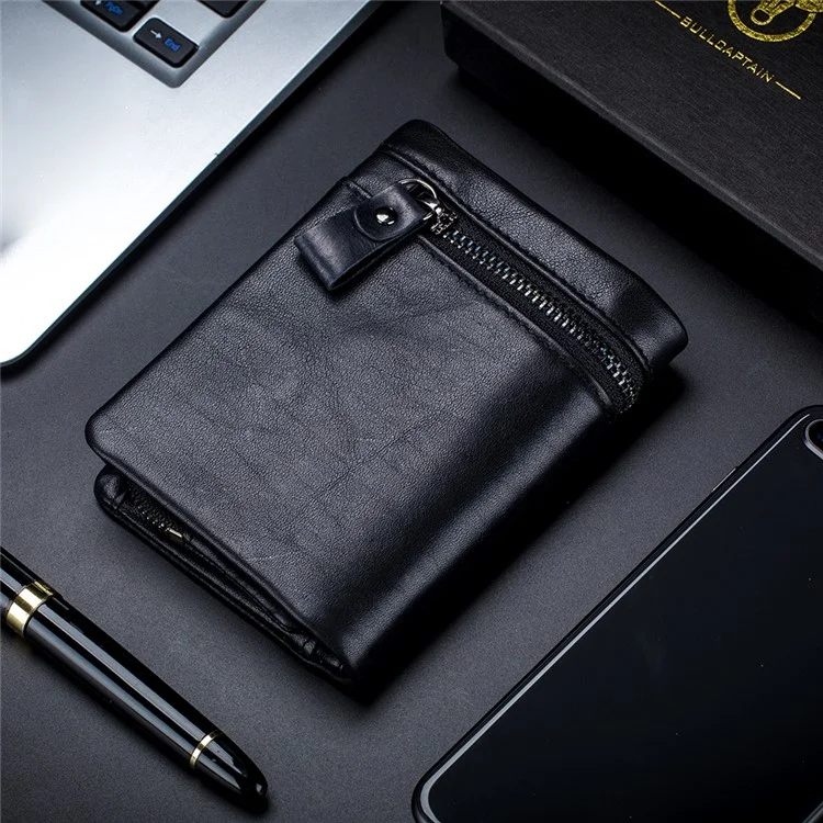 BULLCAPTAIN 03 Top-Layer Cowhide Leather Wallet Folding Design Multiple Card Slots Pouch Coin Bag - Black