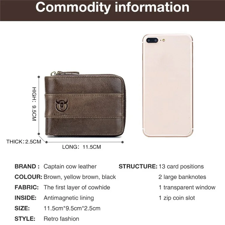 BULLCAPTAIN 025 RFID Blocking Wallet Card Pouch Top-Layer Cowhide Leather Coin Storage Bag - Marrón