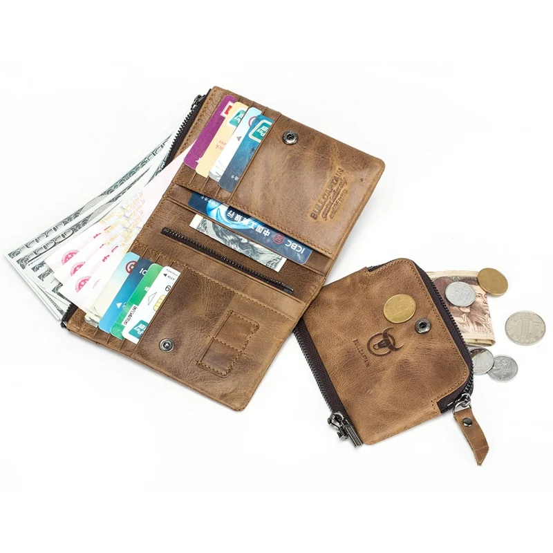 BULLCAPTAIN 013 Portfelik z naturalnej skórzanego jodła z retro fakturą, etui na karty, worek na monety