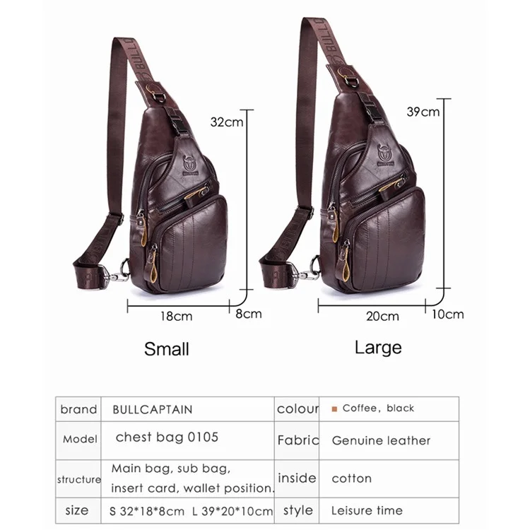 BULLCAPTAIN 105 Bolsa de Ombro de Couro de Vaca Camada Superior Masculina Casual Esportiva, Tamanho S - Café