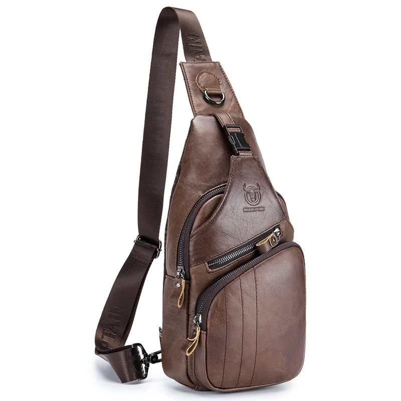 BULLCAPTAIN 105 Lässige Sport Herren Brustbeutel Oberleder Leder Einzelschulterbeutel, Größe L - Kaffee