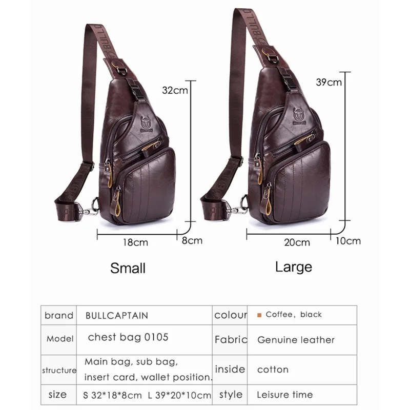 BULLCAPTAIN 105 Lässige Sport Herren Brustbeutel Oberleder Leder Einzelschulterbeutel, Größe L - Kaffee