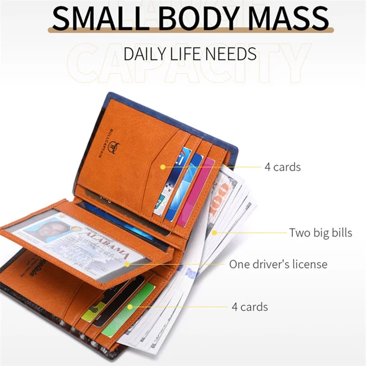 BULLCAPTAIN 039 RFID Blocking Color Splicing Top Layer Cowhide Leather Card Holder Short Wallet - Café