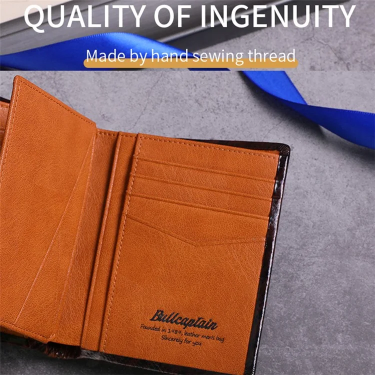 BULLCAPTAIN 039 RFID Blocking Color Splicing Top Layer Cowhide Leather Card Holder Short Wallet - Café