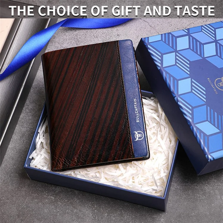 BULLCAPTAIN 039 RFID Blocking Color Splicing Top Layer Cowhide Leather Card Holder Short Wallet - Café