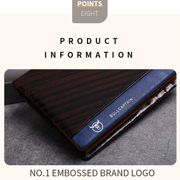 BULLCAPTAIN 039 RFID Blocking Color Splicing Top Layer Cowhide Leather Card Holder Short Wallet - Café