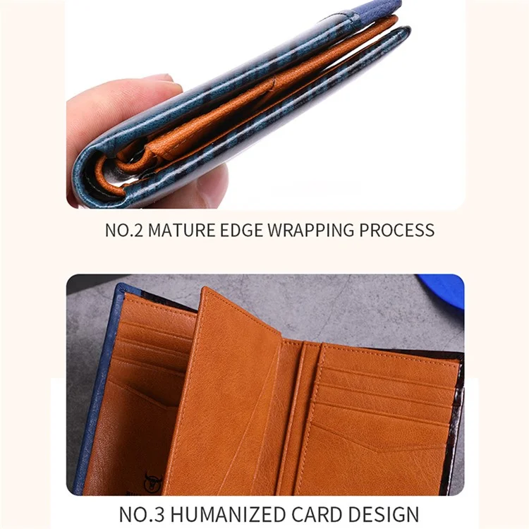 BULLCAPTAIN 039 RFID Blocking Color Splicing Top Layer Cowhide Leather Card Holder Short Wallet - Café