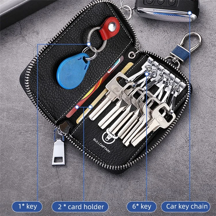 BULLCAPTAIN 499 Keys Holder Bag with Card Slot Top Layer Cowhide Leather Zipper Key Case - Blue+Red