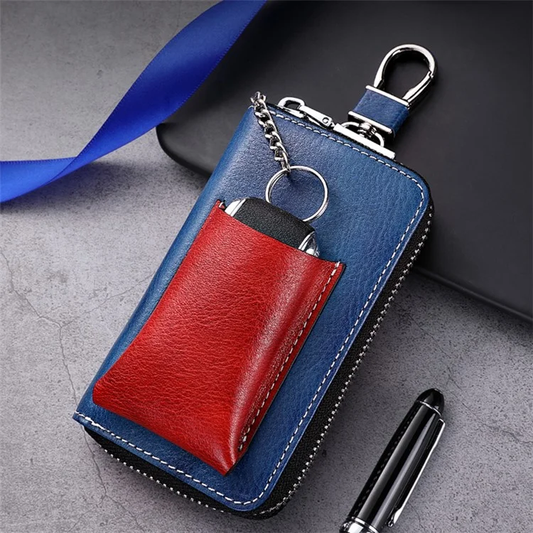 BULLCAPTAIN 499 Keys Holder Bag with Card Slot Top Layer Cowhide Leather Zipper Key Case - Blue+Red