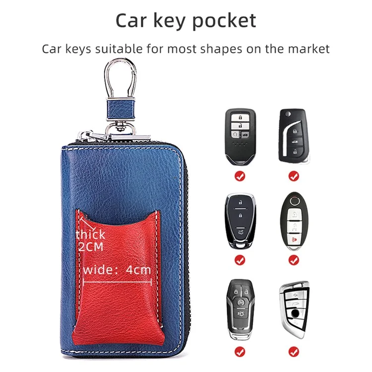 BULLCAPTAIN 499 Keys Holder Bag with Card Slot Top Layer Cowhide Leather Zipper Key Case - Blue+Red