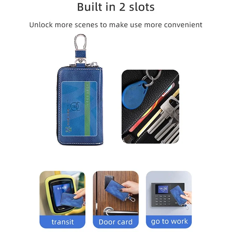 BULLCAPTAIN 499 Keys Holder Bag with Card Slot Top Layer Cowhide Leather Zipper Key Case - Blue+Red
