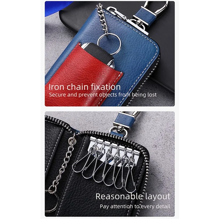 BULLCAPTAIN 499 Keys Holder Bag with Card Slot Top Layer Cowhide Leather Zipper Key Case - Blue+Red