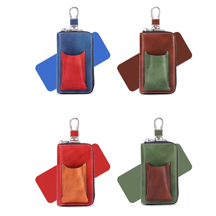 BULLCAPTAIN 499 Keys Holder Bag with Card Slot Top Layer Cowhide Leather Zipper Key Case - Blue+Red