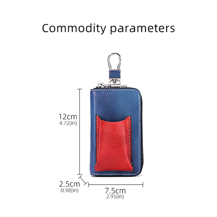BULLCAPTAIN 499 Keys Holder Bag with Card Slot Top Layer Cowhide Leather Zipper Key Case - Blue+Red