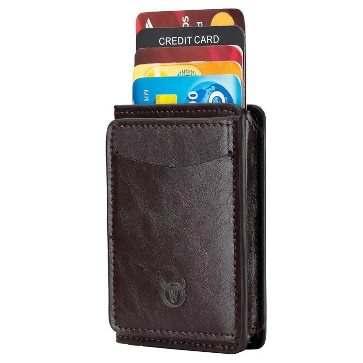 BULLCAPTAIN 464 Top Layer Cowhide Leather Men Wallet Automatic Pop Up Metal Card Case - Coffee