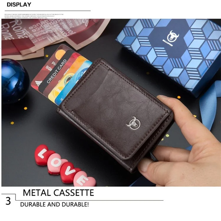 BULLCAPTAIN 464 Top Layer Cowhide Leather Men Wallet Automatic Pop Up Metal Card Case - Coffee