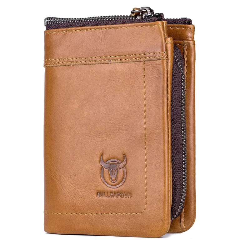 BULLCAPTAIN 051 Folding Wallet Top-Layer Cowhide Leather Card Carrying Pouch Coin Bag - Yellowish-brown