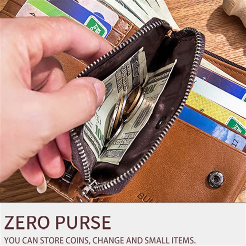 BULLCAPTAIN 051 Folding Wallet Top-Layer Cowhide Leather Card Carrying Pouch Coin Bag - Yellowish-brown