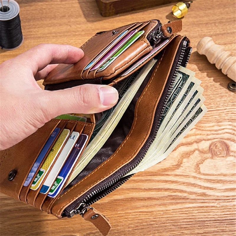 BULLCAPTAIN 051 Folding Wallet Top-Layer Cowhide Leather Card Carrying Pouch Coin Bag - Yellowish-brown