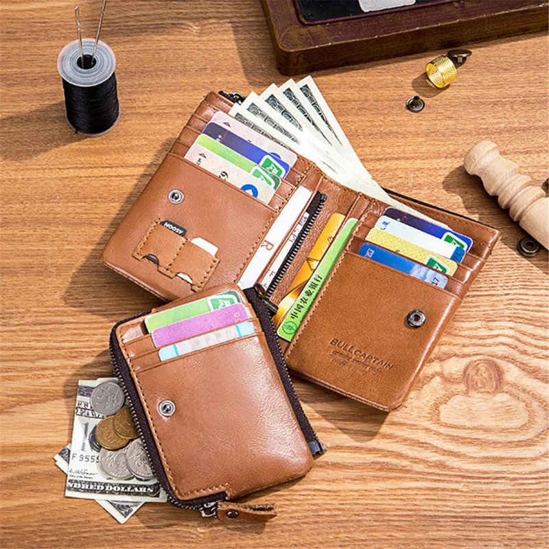 BULLCAPTAIN 051 Folding Wallet Top-Layer Cowhide Leather Card Carrying Pouch Coin Bag - Yellowish-brown