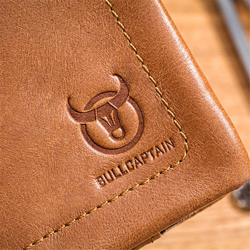 BULLCAPTAIN 051 Folding Wallet Top-Layer Cowhide Leather Card Carrying Pouch Coin Bag - Yellowish-brown