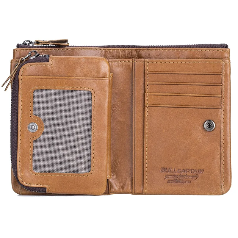 BULLCAPTAIN 051 Folding Wallet Top-Layer Cowhide Leather Card Carrying Pouch Coin Bag - Yellowish-brown