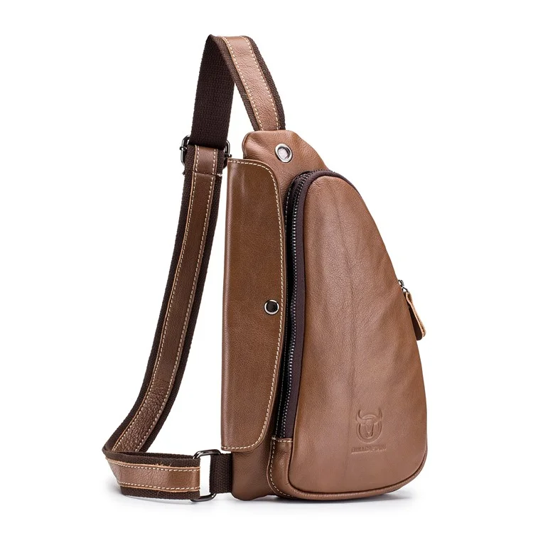 BULLCAPTAIN 125 Sport Casual Men Chest Bag Top Layer Cowhide Crossbody Single Shoulder Bag - Marrom