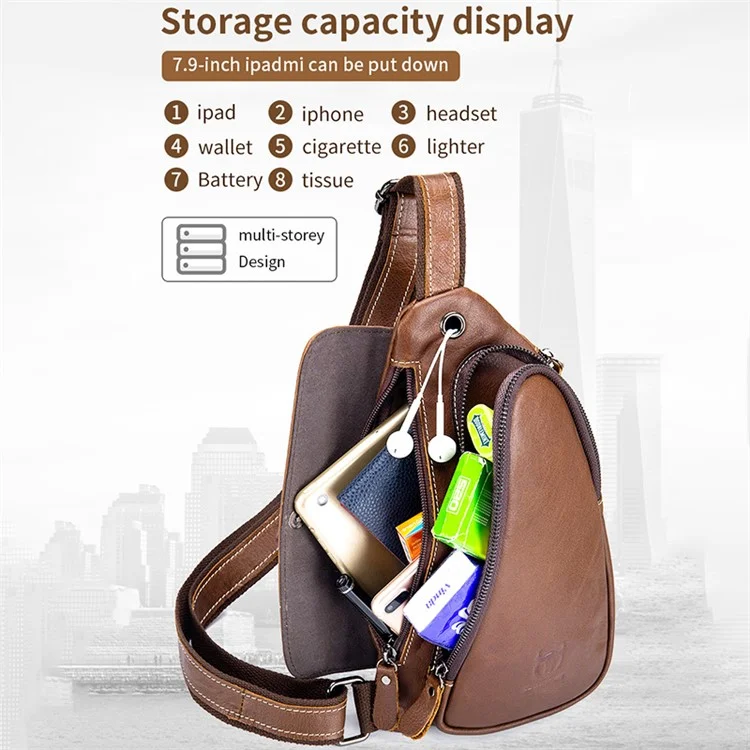 BULLCAPTAIN 125 Sport Casual Men Chest Bag Top Layer Cowhide Crossbody Single Shoulder Bag - Marrom