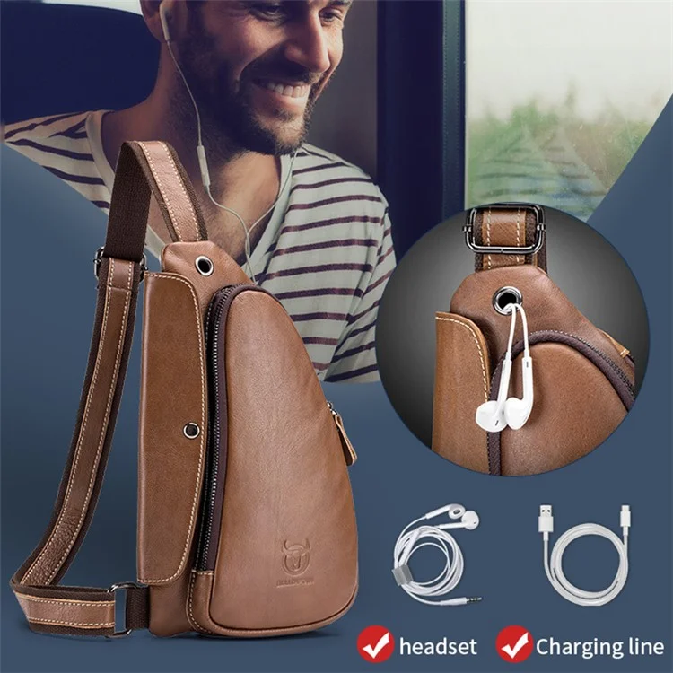BULLCAPTAIN 125 Sport Casual Men Chest Bag Top Layer Cowhide Crossbody Single Shoulder Bag - Marrom