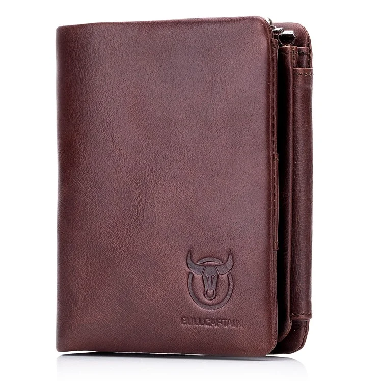 BULLCAPTAIN 02 Cartera de Cuero de Vaca de Capa Superior para Hombres de Tres Pliegues - Café