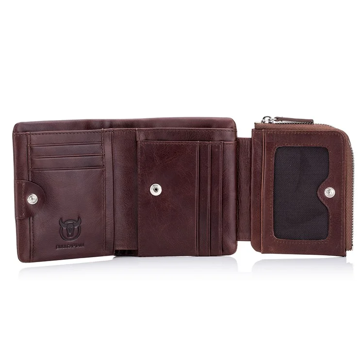 BULLCAPTAIN 02 Cartera de Cuero de Vaca de Capa Superior para Hombres de Tres Pliegues - Café