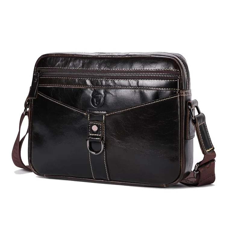 BULLCAPTAIN 0309 Bolsa Mensageiro Casual Masculina Couro Legítimo de Primeira Camada Bolsa Transversal de Ombro Único - Marrom Escuro 