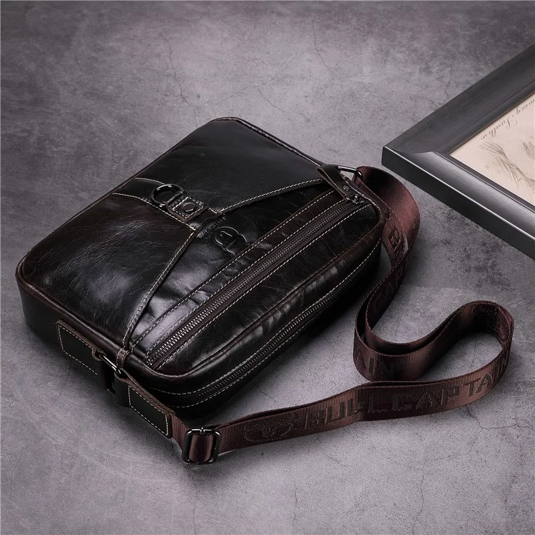 BULLCAPTAIN 0309 Bolsa Mensageiro Casual Masculina Couro Legítimo de Primeira Camada Bolsa Transversal de Ombro Único - Marrom Escuro 