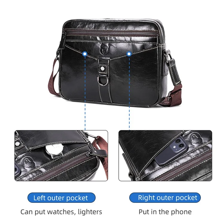 BULLCAPTAIN 0309 Bolsa Mensageiro Casual Masculina Couro Legítimo de Primeira Camada Bolsa Transversal de Ombro Único - Marrom Escuro 