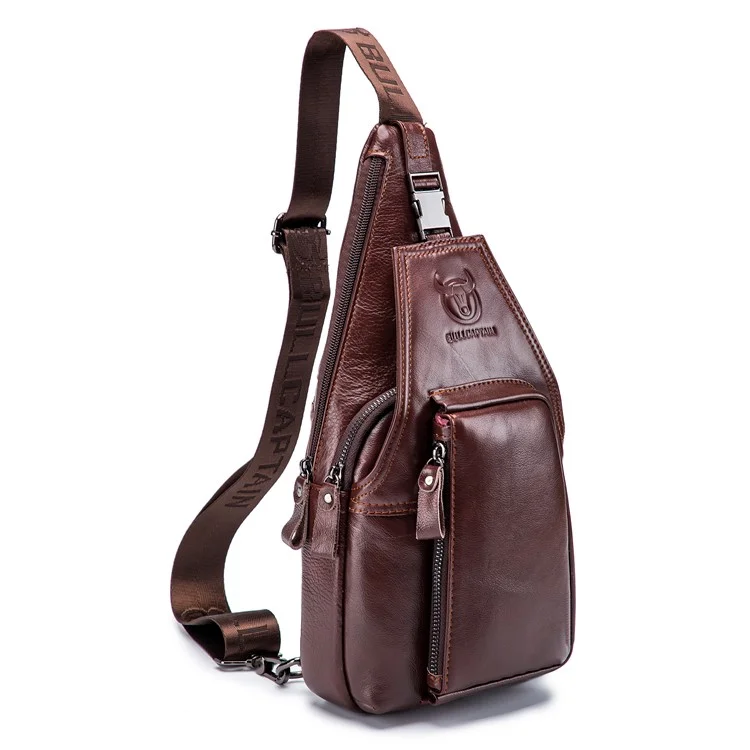 BULLCAPTAIN 086 Bolso de Pecho de Cuero Vacuno de Primera Capa Estiloso y Casual para Hombres, Bolso Cruzado de Hombro Único - Marrón