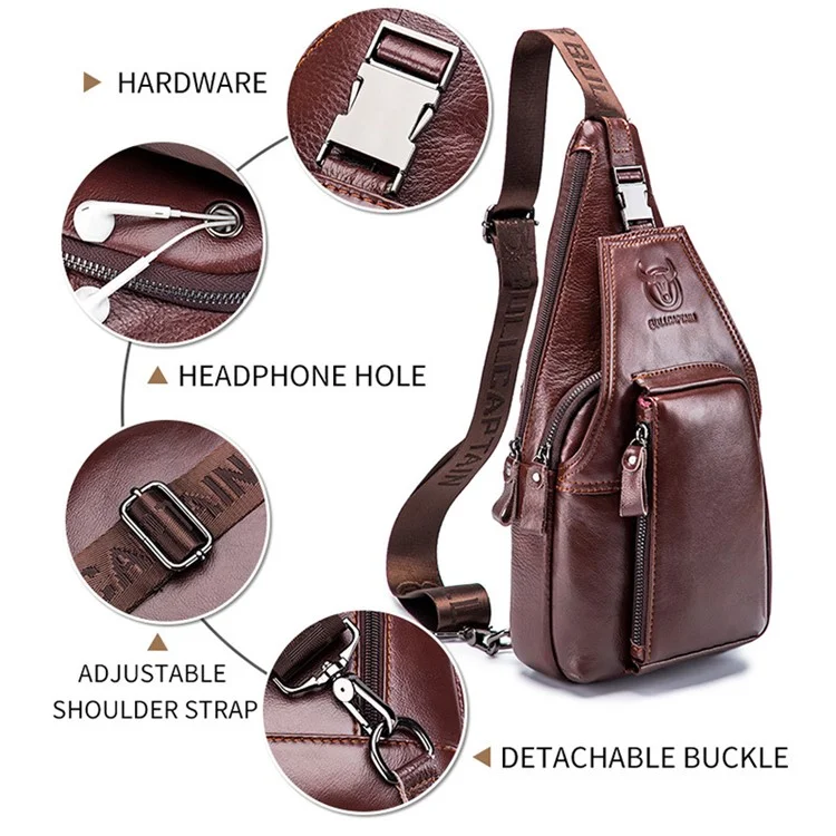 BULLCAPTAIN 086 Bolso de Pecho de Cuero Vacuno de Primera Capa Estiloso y Casual para Hombres, Bolso Cruzado de Hombro Único - Marrón