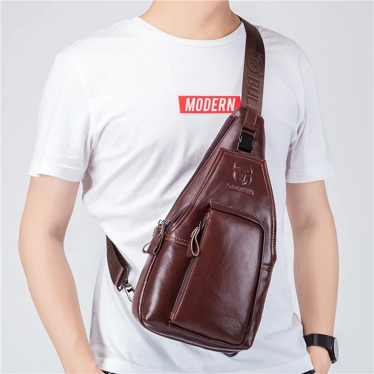 BULLCAPTAIN 086 Bolso de Pecho de Cuero Vacuno de Primera Capa Estiloso y Casual para Hombres, Bolso Cruzado de Hombro Único - Marrón