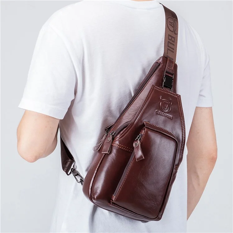 BULLCAPTAIN 086 Bolso de Pecho de Cuero Vacuno de Primera Capa Estiloso y Casual para Hombres, Bolso Cruzado de Hombro Único - Marrón