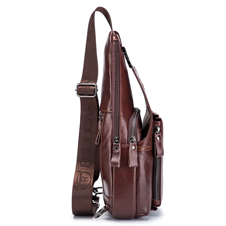 BULLCAPTAIN 086 Bolso de Pecho de Cuero Vacuno de Primera Capa Estiloso y Casual para Hombres, Bolso Cruzado de Hombro Único - Marrón