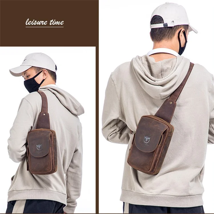 BULLCAPTAIN 133 Sac à bandoulière rétro en cuir de vache pleine fleur avec texture cheval sauvage